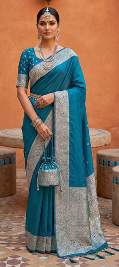 Blue color Saree in Banarasi Silk fabric with Weaving, Zari work