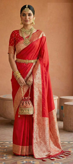 Red and Maroon color Saree in Banarasi Silk fabric with Weaving, Zari work