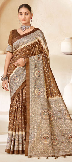 Beige and Brown color Saree in Silk fabric with Printed work