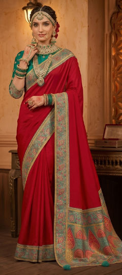 Red and Maroon color Saree in Satin fabric with Bugle Beads, Embroidered work