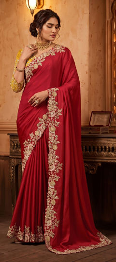 Red and Maroon color Saree in Satin Silk fabric with Embroidered, Moti, Sequence, Thread work