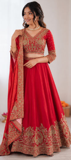 Red and Maroon color Lehenga in Chinon Silk fabric with Embroidered, Sequence work