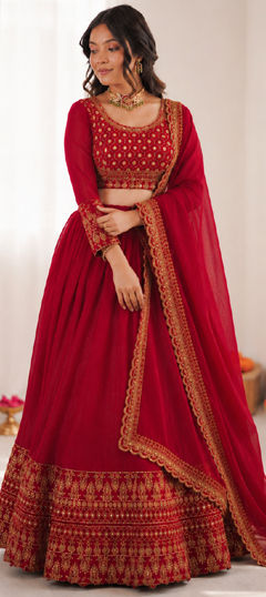 Red and Maroon color Lehenga in Silk fabric with Embroidered, Sequence work