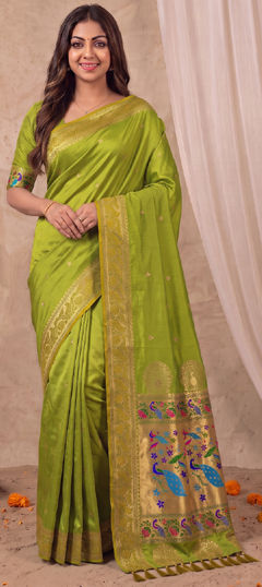 Green color Saree in Silk fabric with Weaving, Zari work