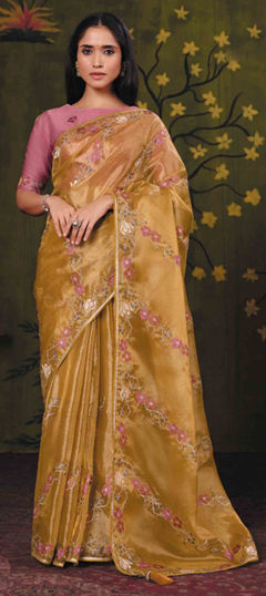 Yellow color Saree in Satin Silk fabric with Embroidered, Floral, Lehariya, Thread work