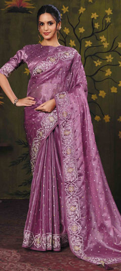 Purple and Violet color Saree in Satin Silk fabric with Embroidered, Thread work