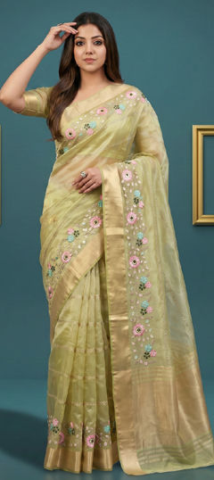 Green color Saree in Organza Silk fabric with Embroidered work