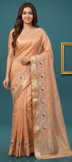 Pink and Majenta color Saree in Organza Silk fabric with Embroidered work