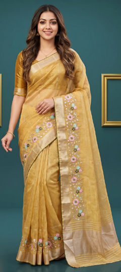 Yellow color Saree in Organza Silk fabric with Embroidered work