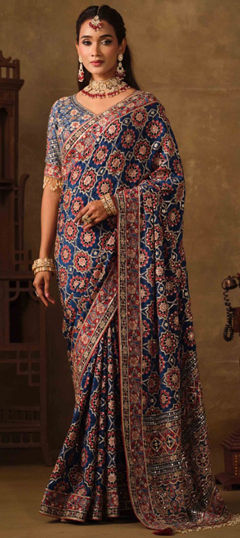 Blue color Saree in Crepe Silk fabric with Aari, Mirror work