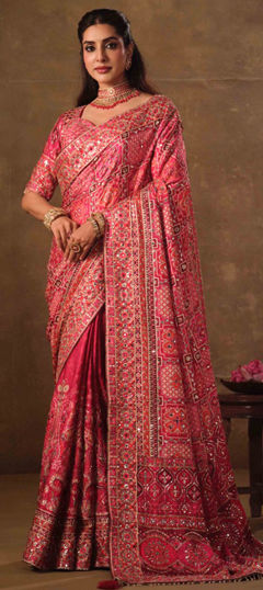 Pink and Majenta color Saree in Crepe Silk fabric with Aari, Mirror work