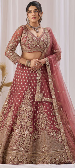 Pink and Majenta color Lehenga in Net fabric with Embroidered, Sequence work