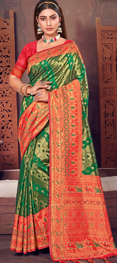 Green color Saree in Silk fabric with Weaving work