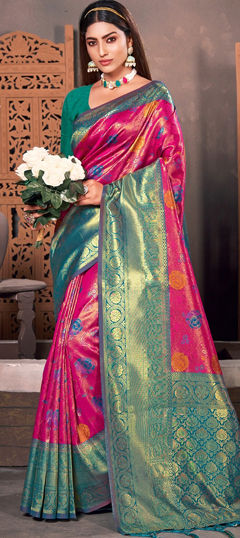 Pink and Majenta color Saree in Silk fabric with Weaving work