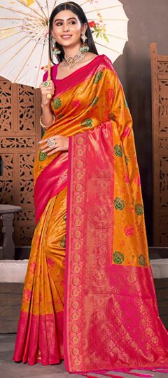 Yellow color Saree in Silk fabric with Weaving work