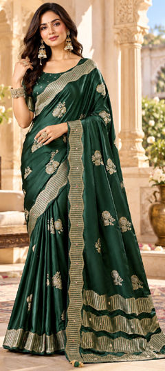 Green color Saree in Satin Silk fabric with Weaving work