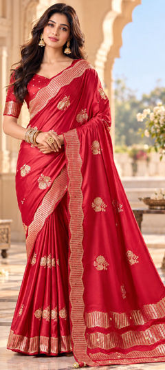 Red and Maroon color Saree in Satin Silk fabric with Weaving work