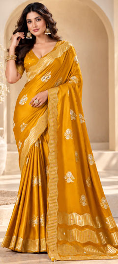 Yellow color Saree in Satin Silk fabric with Weaving work