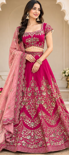 Pink and Majenta color Lehenga in Mul Chanderi fabric with Sequence, Thread work