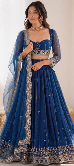 Blue color Lehenga in Faux Georgette fabric with Sequence, Thread work