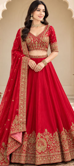 Red and Maroon color Lehenga in Chinon Silk fabric with Sequence, Thread work