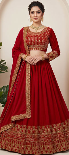 Red and Maroon color Lehenga in Silk fabric with Sequence, Thread work