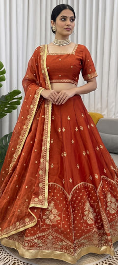 Beige and Brown color Lehenga in Silk fabric with Sequence, Thread work