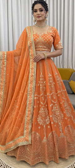 Orange color Lehenga in Faux Georgette fabric with Sequence, Thread work
