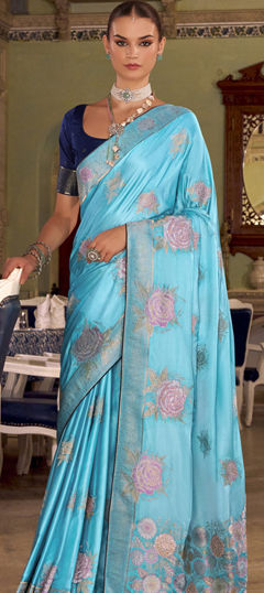 Blue color Saree in Satin Silk fabric with Weaving work