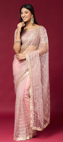 Pink and Majenta color Saree in Net fabric with Embroidered, Sequence work