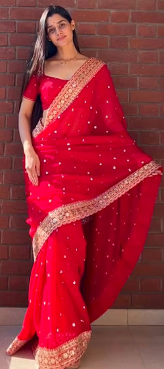 Red and Maroon color Saree in Silk fabric with Embroidered, Sequence work