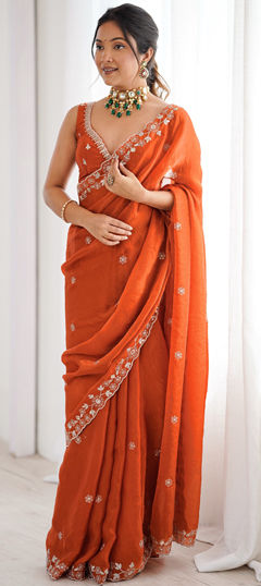 Orange color Saree in Silk fabric with Embroidered, Sequence work