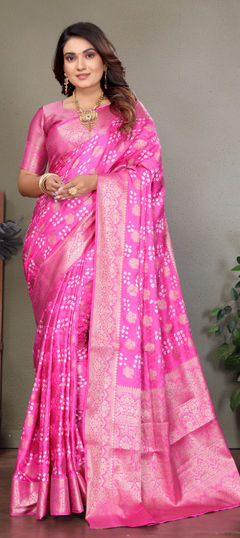 Pink and Majenta color Saree in Satin Silk fabric with Weaving work