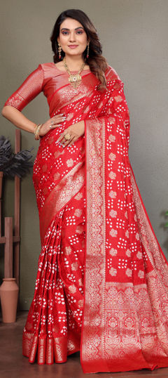Red and Maroon color Saree in Satin Silk fabric with Weaving work