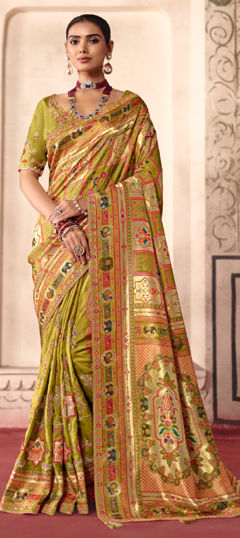 Green, Yellow color Saree in Silk fabric with Embroidered, Thread work