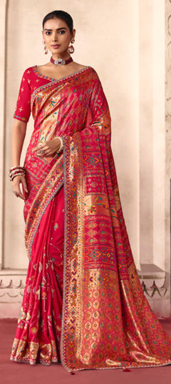 Pink and Majenta color Saree in Silk fabric with Embroidered, Thread work