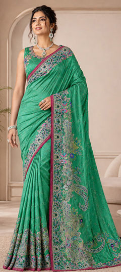 Blue color Saree in Satin fabric with Stone, Swarovski, Weaving work