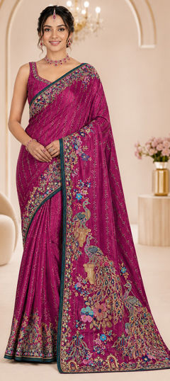 Pink and Majenta color Saree in Satin fabric with Stone, Swarovski, Weaving work