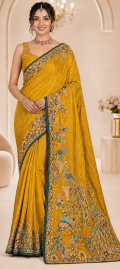 Yellow color Saree in Satin fabric with Stone, Swarovski, Weaving work