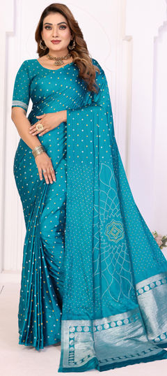 Blue color Saree in Satin Silk fabric with Bandhej, Printed, Weaving work