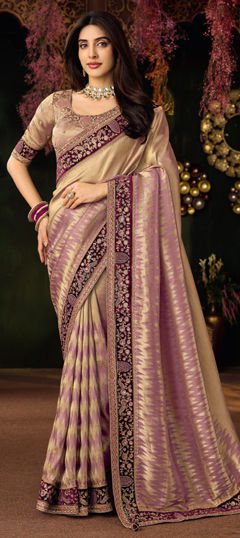 Purple and Violet color Saree in Silk fabric with Border, Embroidered, Sequence, Weaving work