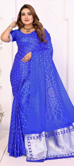 Blue color Saree in Satin Silk fabric with Bandhej, Printed, Weaving work