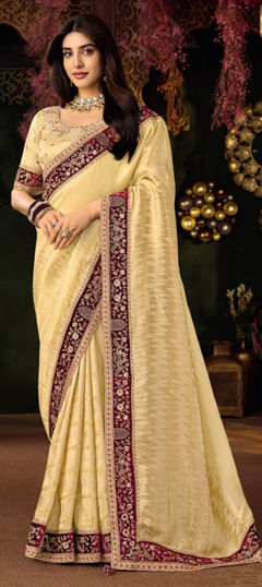 White and Off White color Saree in Silk fabric with Border, Embroidered, Sequence, Weaving work