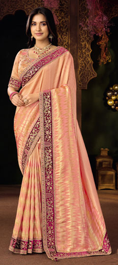 Pink and Majenta color Saree in Silk fabric with Border, Embroidered, Sequence, Weaving work
