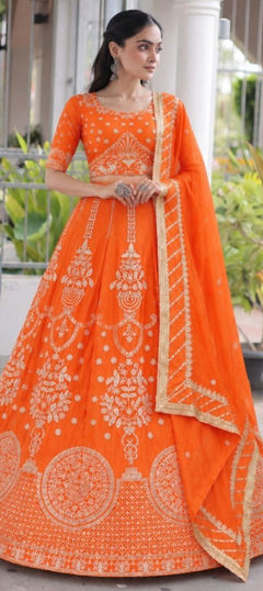 Orange color Lehenga in Georgette fabric with Embroidered, Sequence, Thread, Zari work