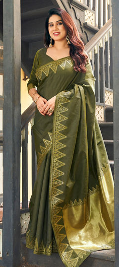 Green color Saree in Raw Silk fabric with Weaving, Zari work