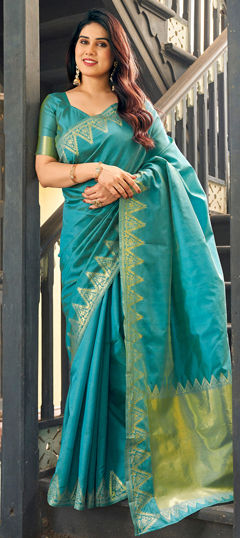 Blue color Saree in Raw Silk fabric with Weaving, Zari work