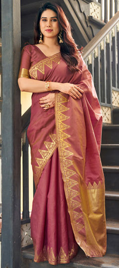Beige and Brown color Saree in Raw Silk fabric with Weaving, Zari work