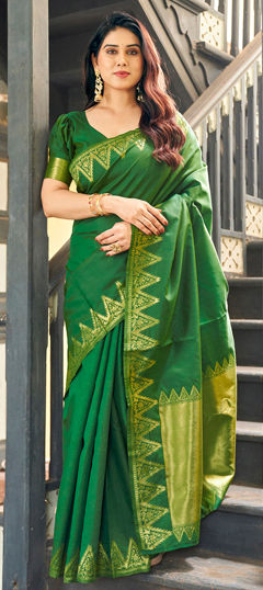 Green color Saree in Raw Silk fabric with Weaving, Zari work
