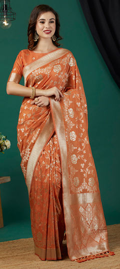 Beige and Brown color Saree in Crepe Silk fabric with Weaving, Zari work